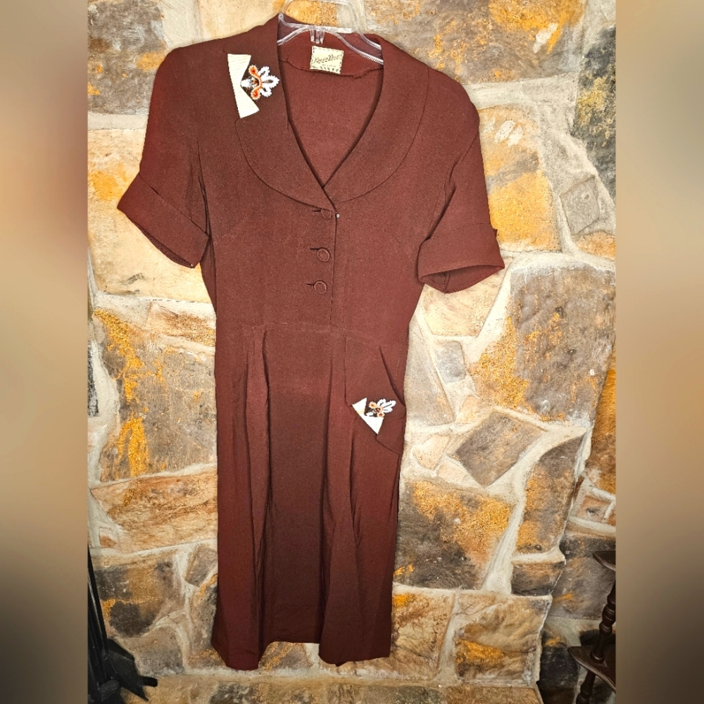1940" brown dress original with beaded panels